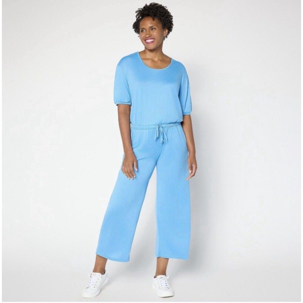 MUK LUKS Regular Cloud Knit Sleeveless Crop Jumpsuit Light Denim Sz Large